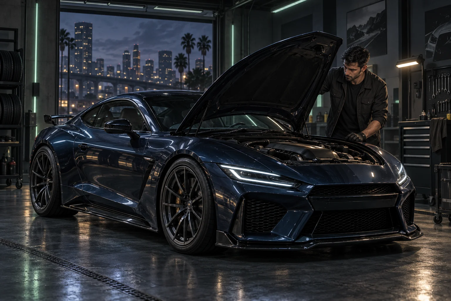 Original game artwork of a mechanic beside a midnight-blue coupe in a mint-lit garage